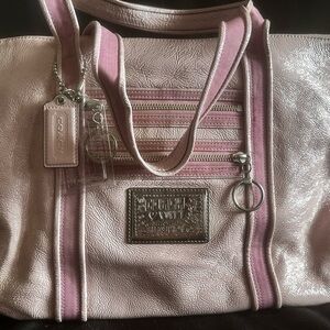 Coach Metallic Pink Leather Tote with Zip Front Pockets